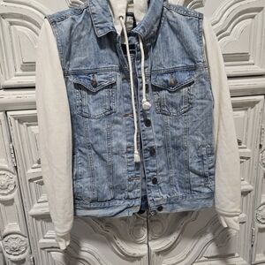 Forever 21 Light Blue Denim Jacket with Cream Hoodie Sleeves